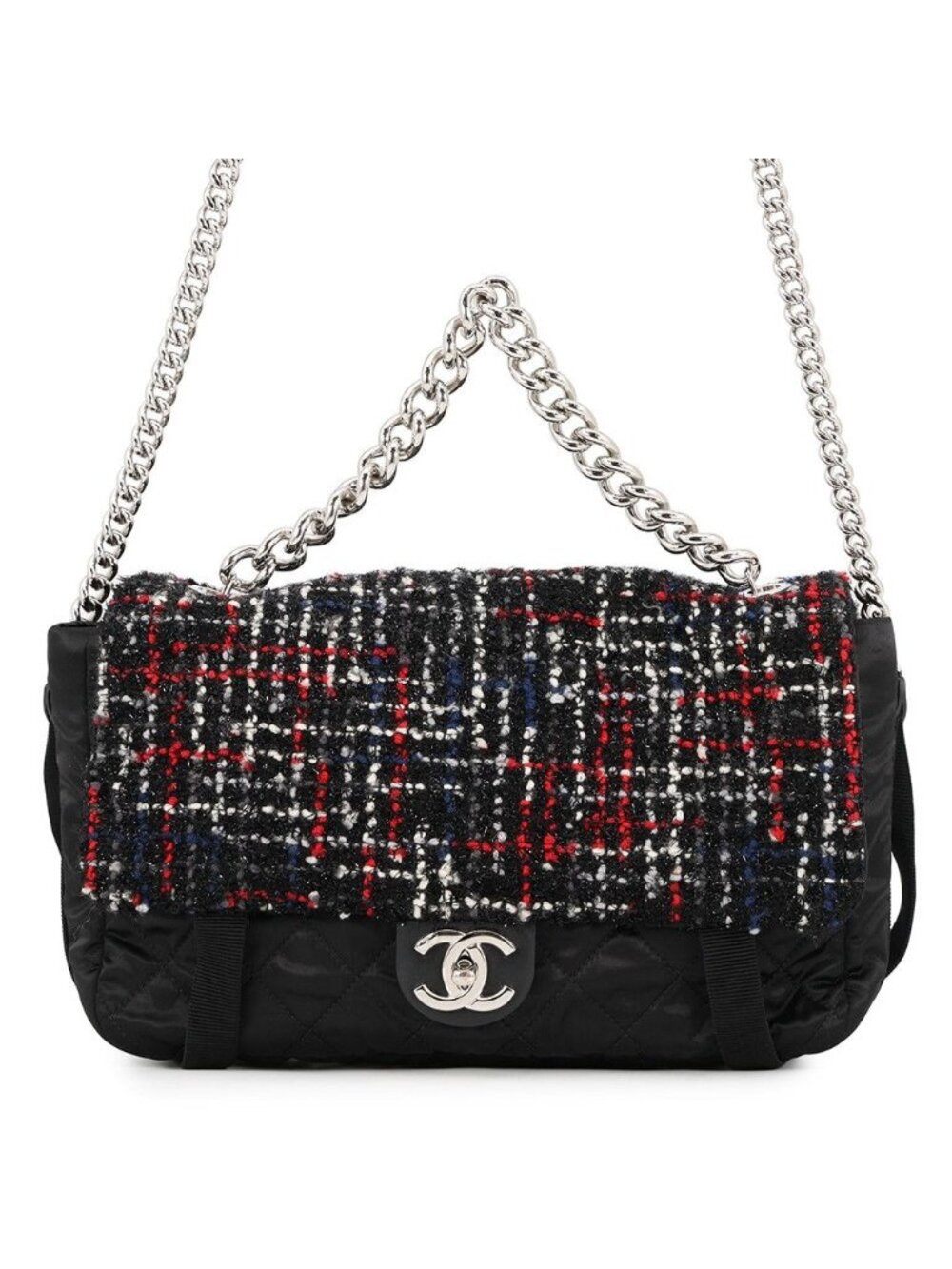 Chanel Chain Shoulder Bag CC Logo Tweed Nylon Black